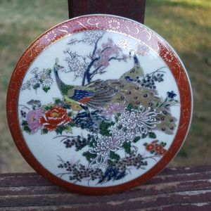 Vintage Satsuma MUSICAL Trinket Box Peacock and Floral Design Japan